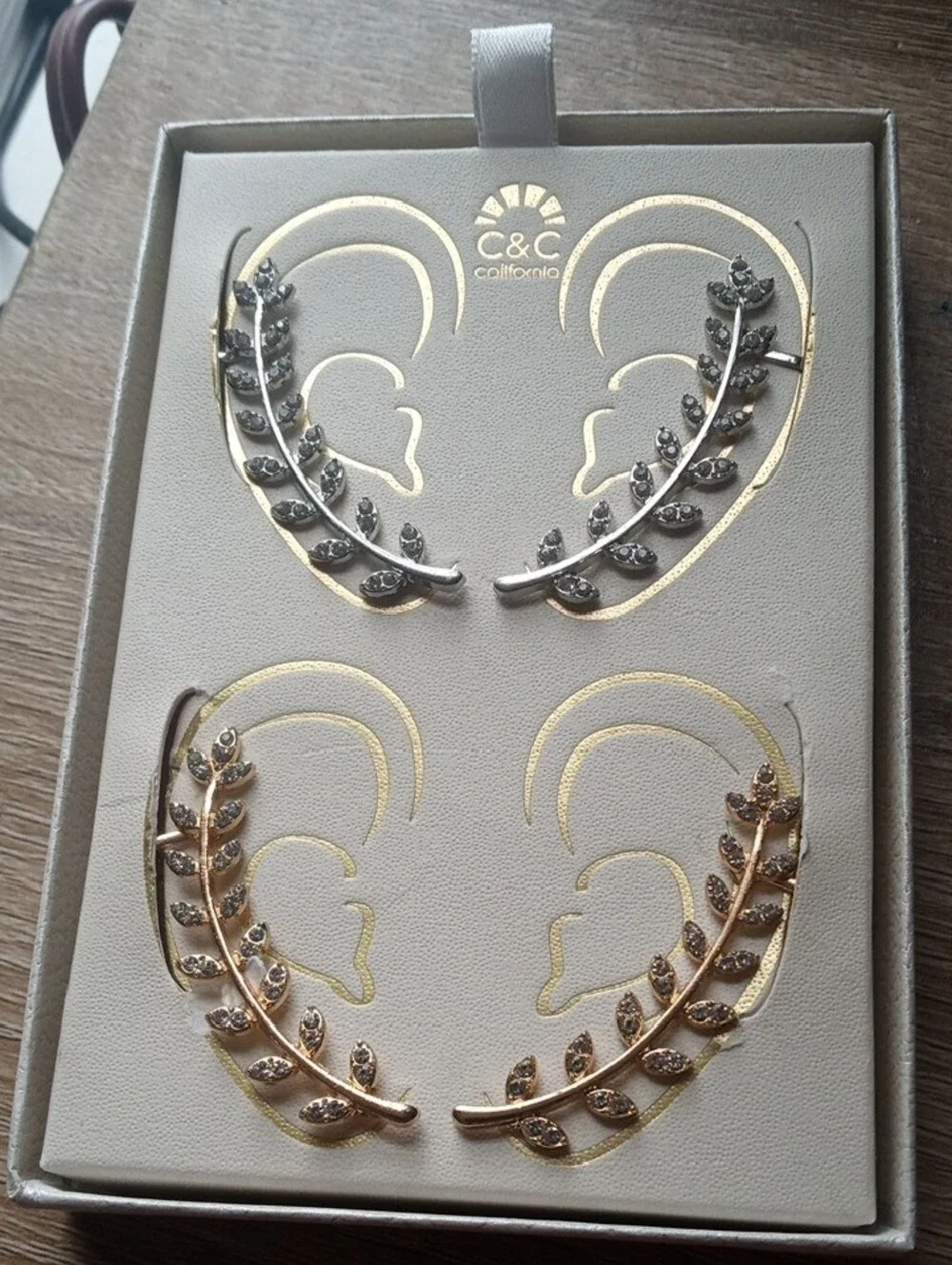 C&C California Crystal Leaf Ear Climber Earrings Set Silver and Gold Tone New - Picture 1 of 10